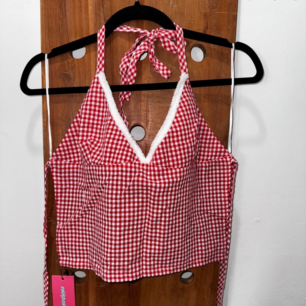 Edikted Charmaine Open Back Gingham Top in Red - Picture 7 of 11